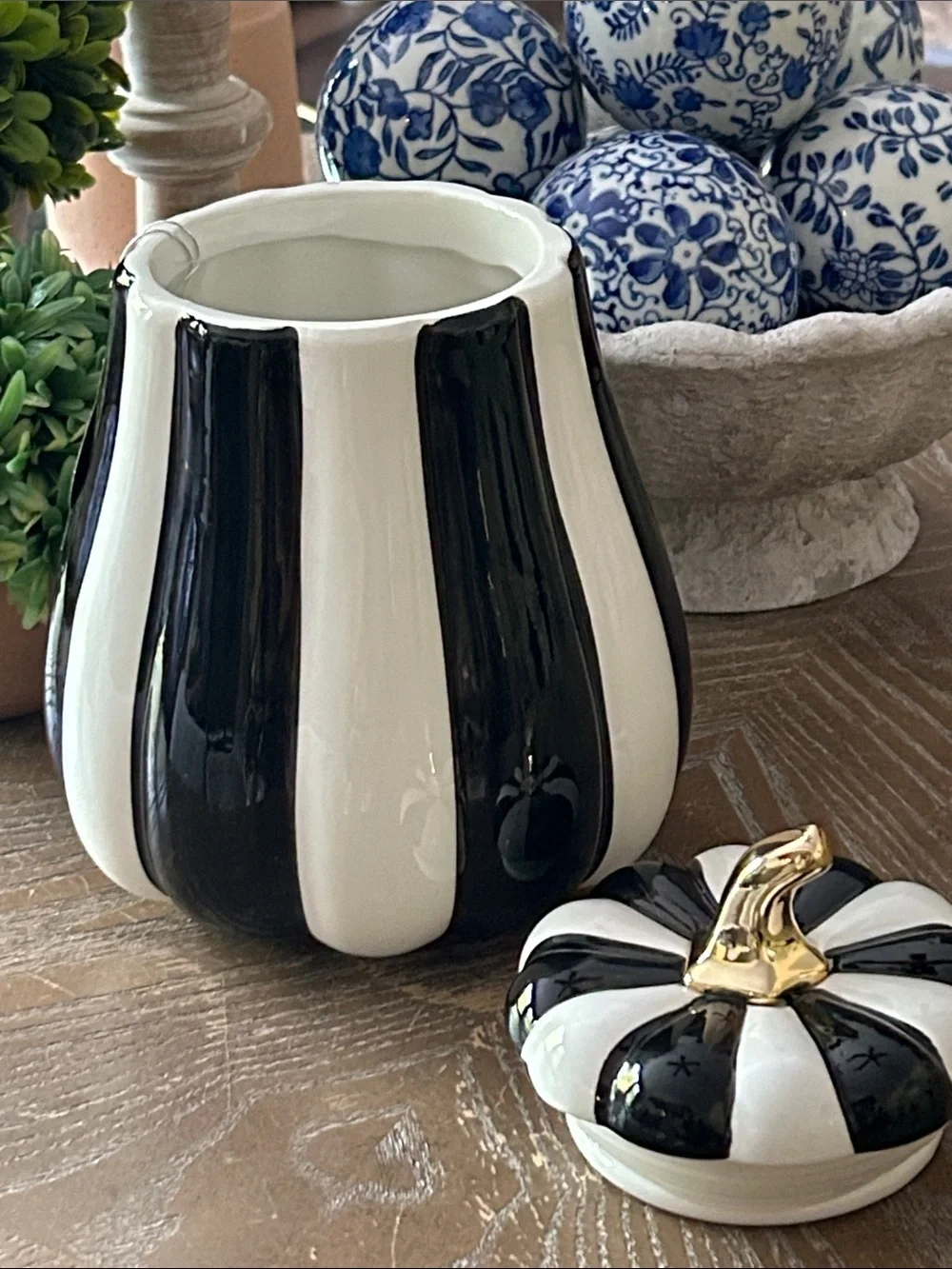 NEW! Mackenzie Childs Inspired Black & White Striped Ceramic Pumpkin Canister